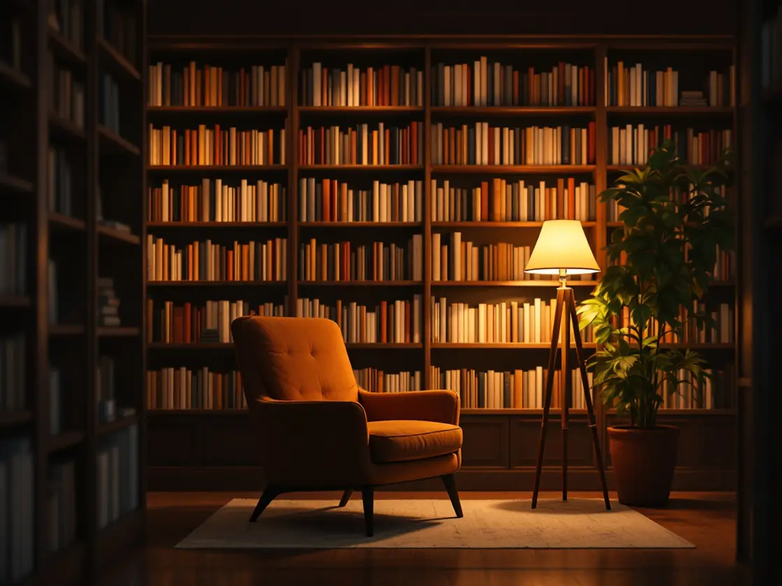 Two people talking easily beside bookshop shelves