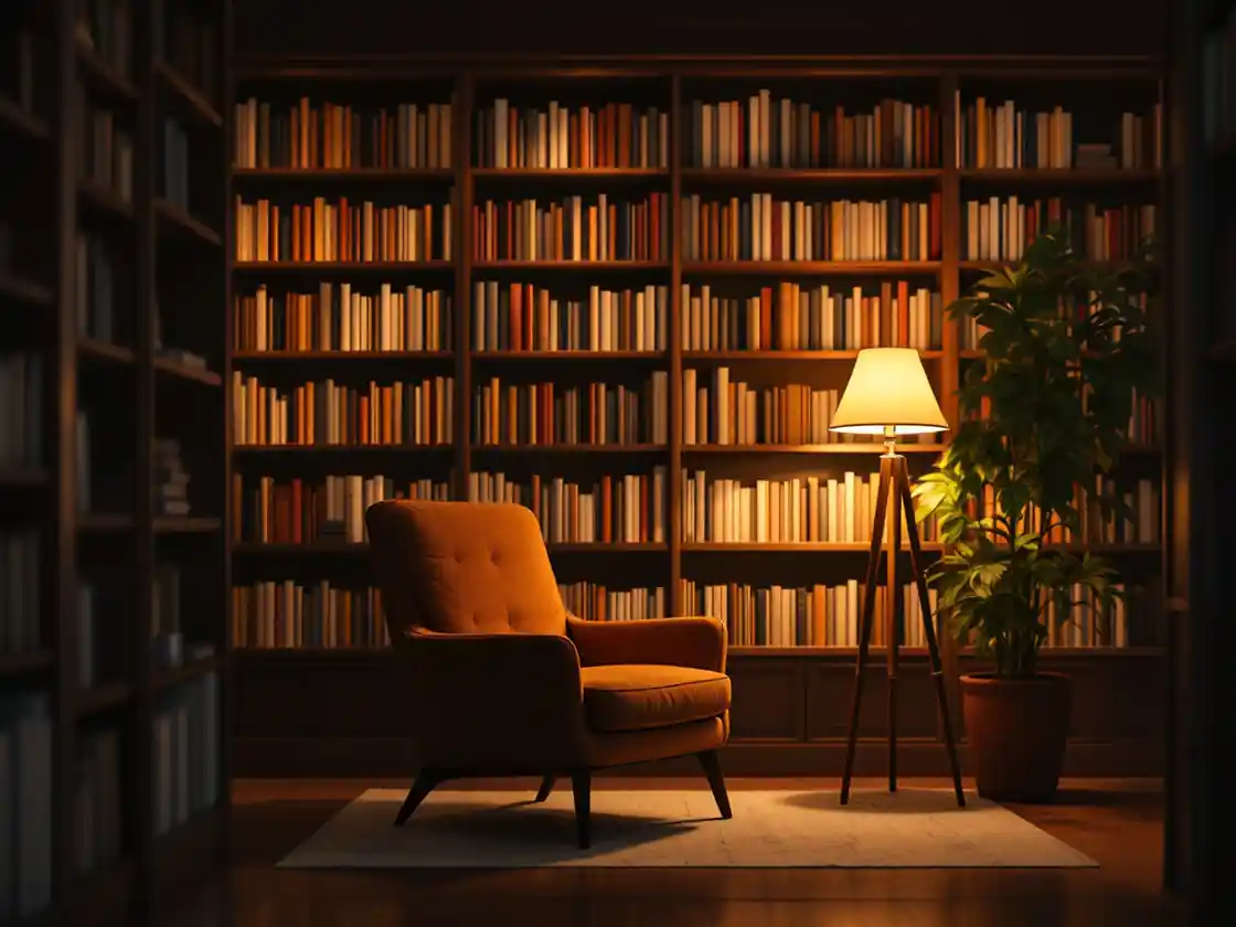A cosy independent bookshop with warm lamps and full shelves
