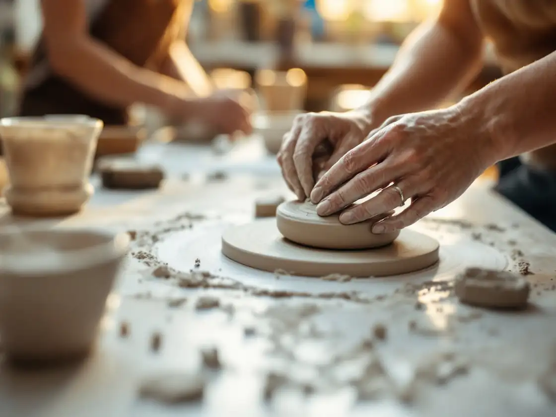 Hands at a shared pottery class table