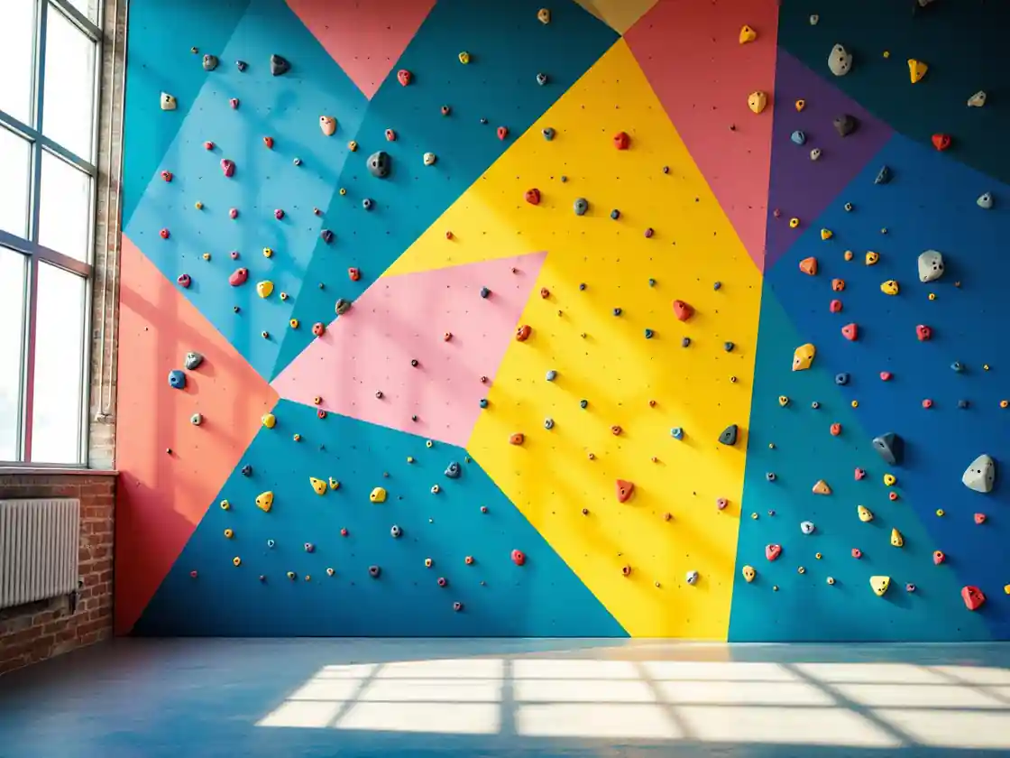A colourful indoor climbing wall with holds