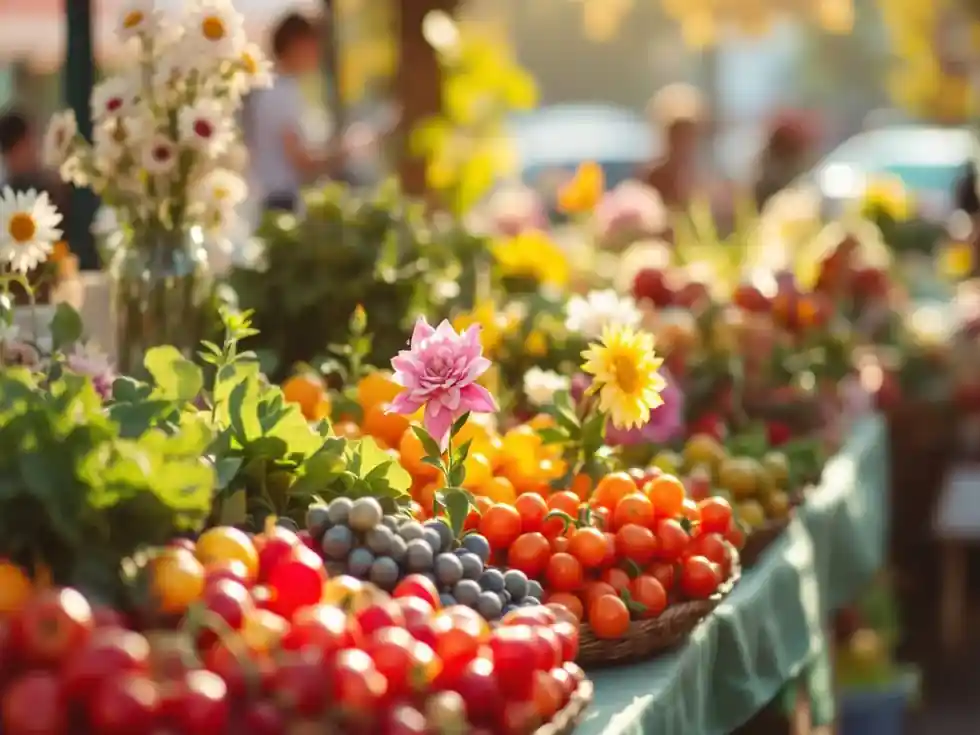 A warm farmers market stall with flowers and produce