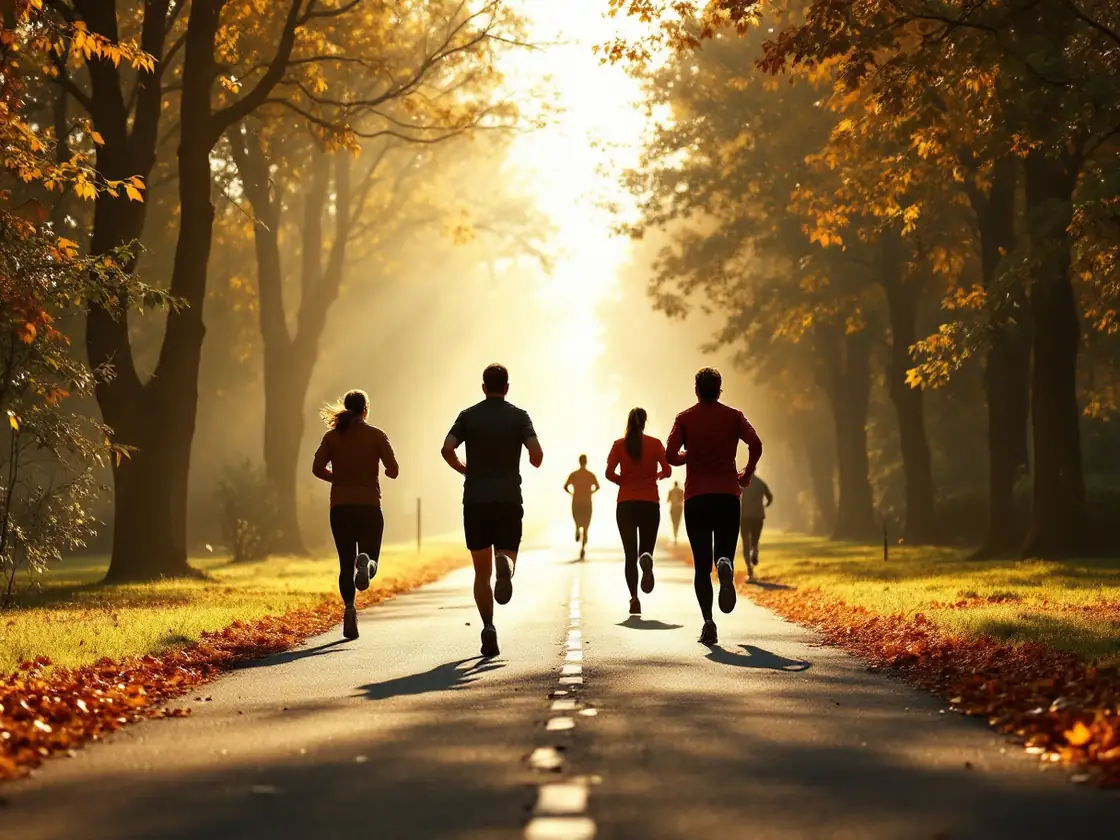 Runners jogging along a sunny park path, seen from behind