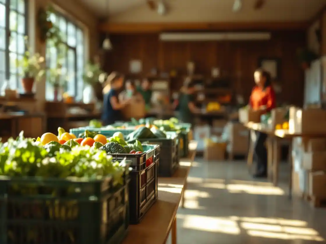 A bright community hall with crates of fresh produce